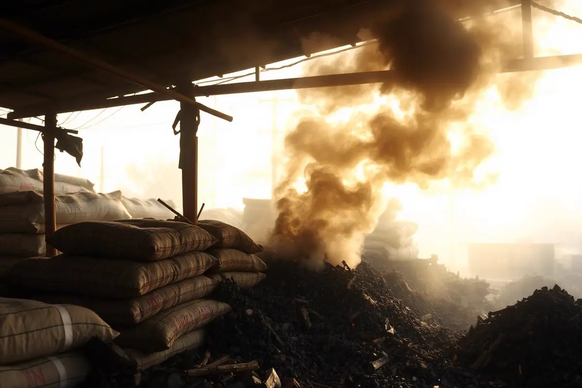 Stacked charcoal sacks and smoke from biomass fuel at a local market