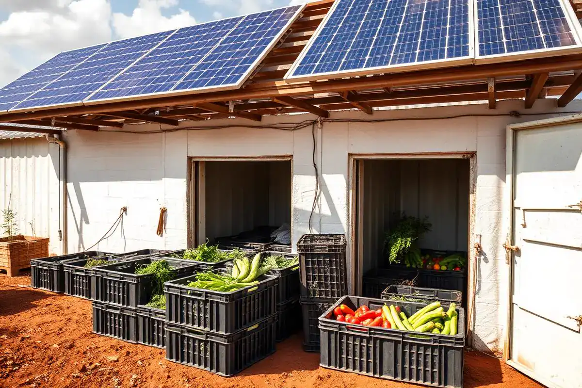Solar-powered cold storage facility with crates of fresh produce