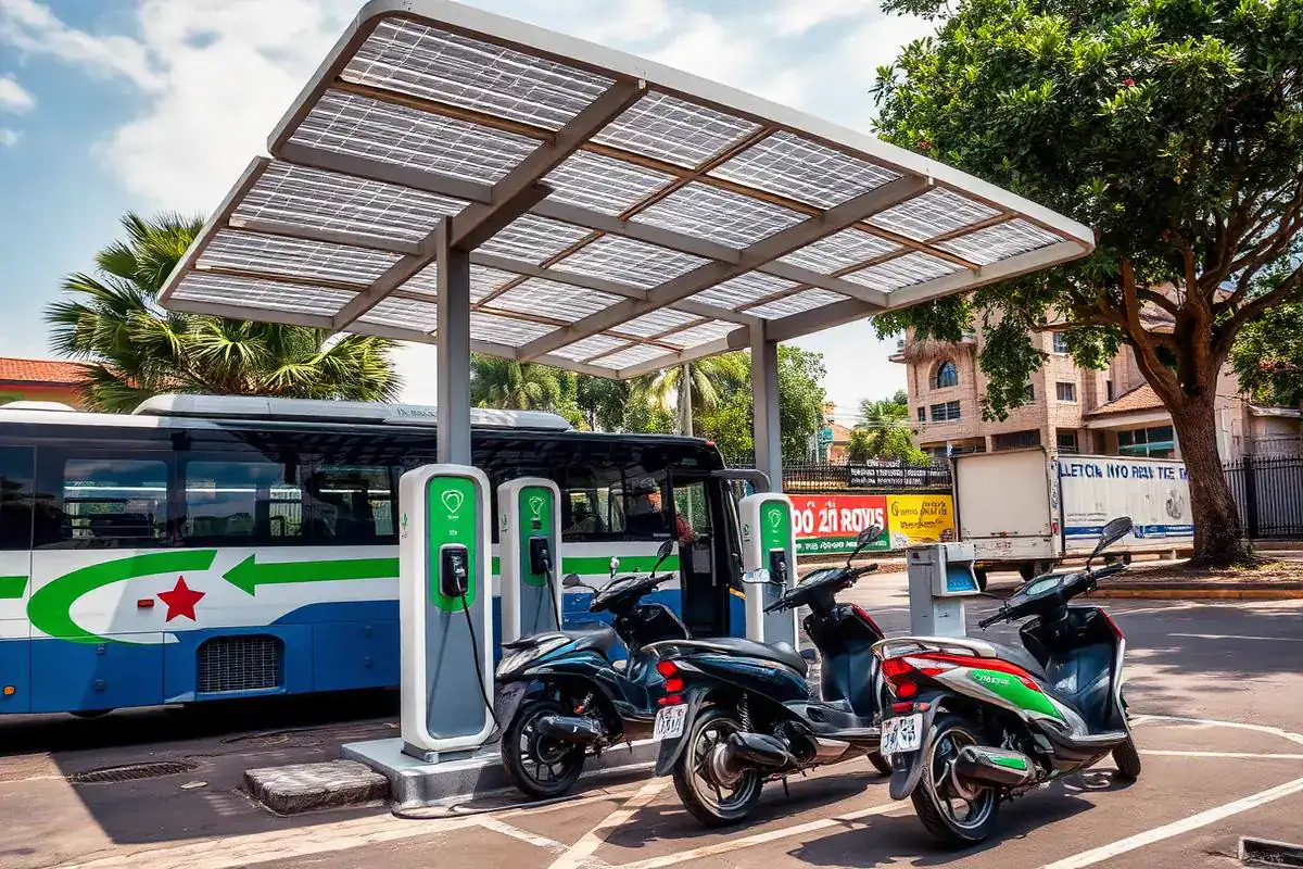 Solar-canopy electric vehicle charging station with an electric bus and motorcycles