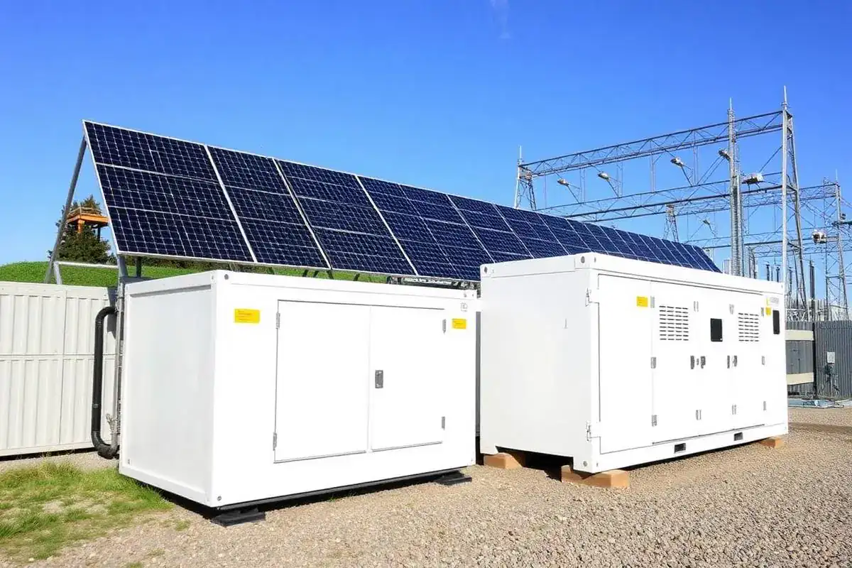 Battery energy storage containers beside a substation and solar array