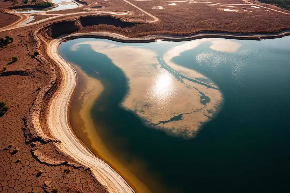 Hydropower reservoir with low water levels and dry, cracked shoreline during drought