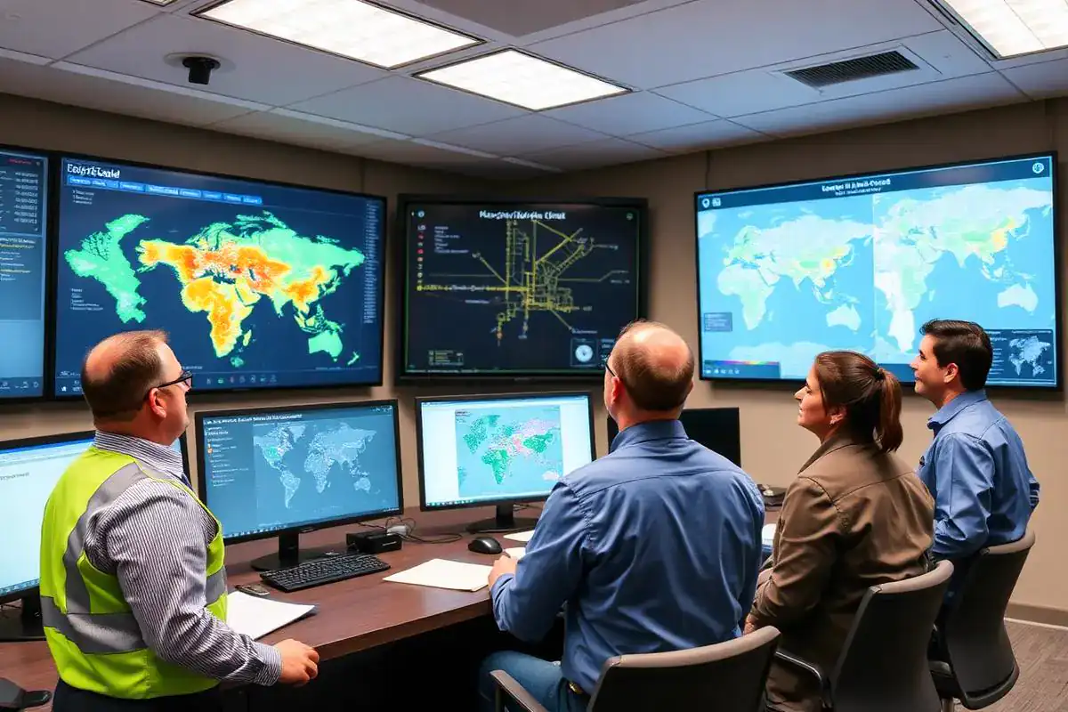 Engineers reviewing regional power grid maps in a control room