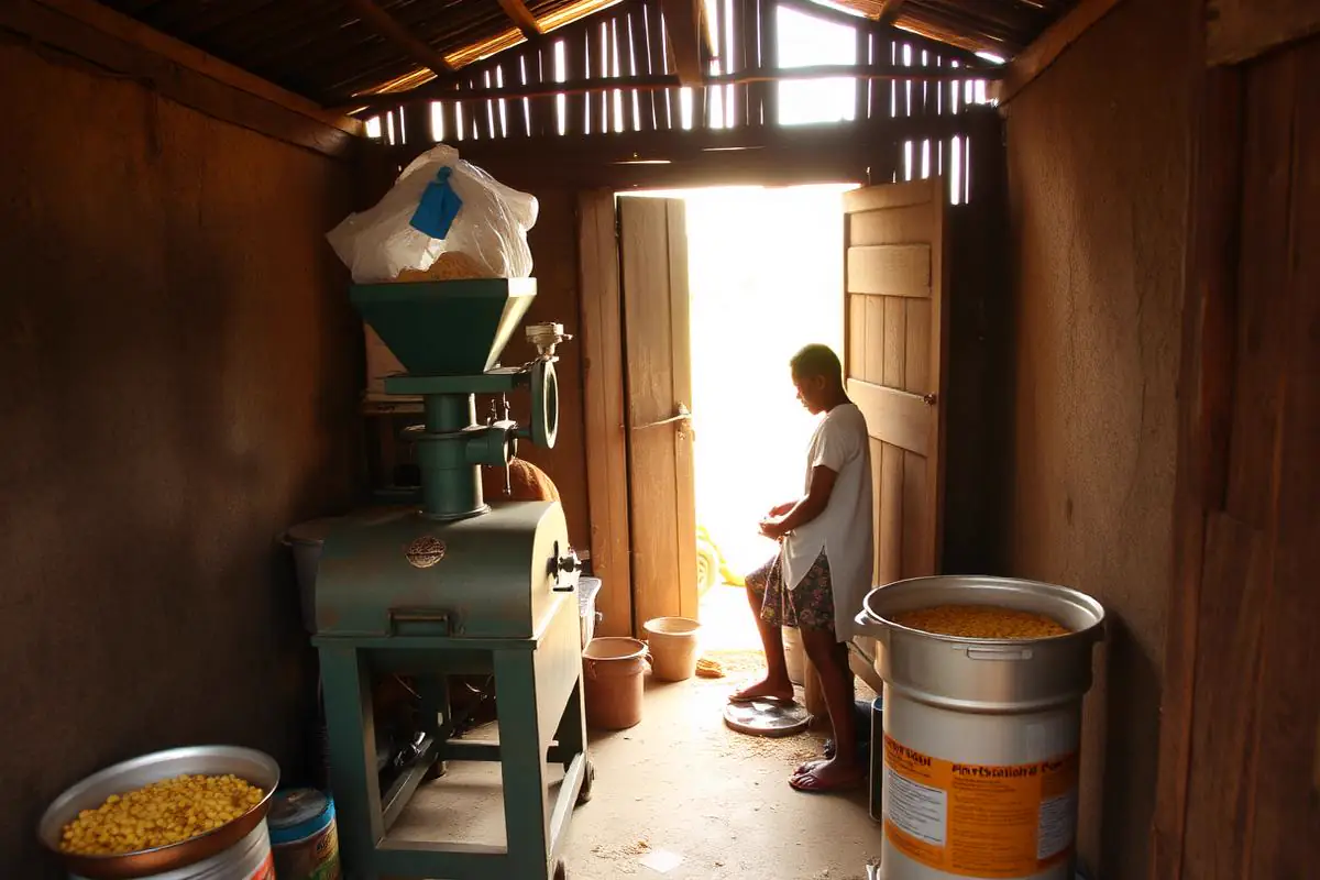 Small rural grain milling workshop operating with limited power supply