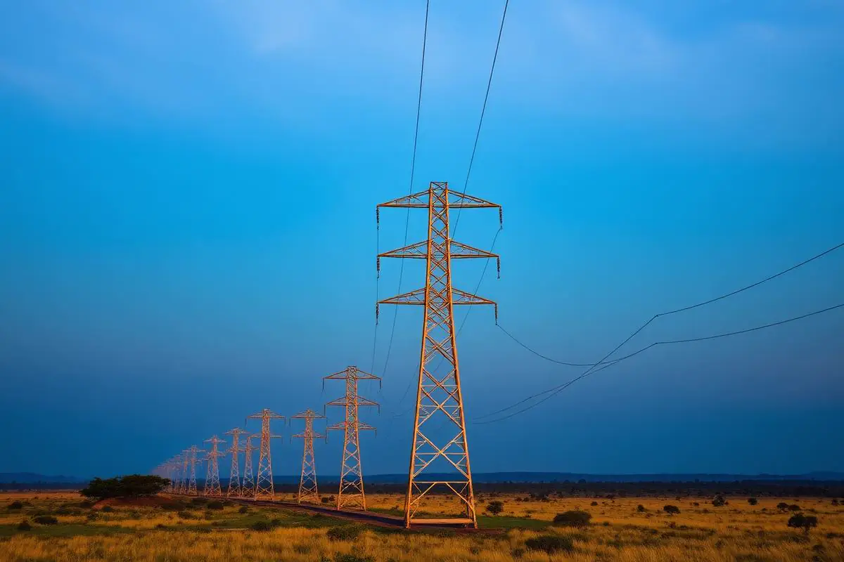 High-voltage transmission towers crossing open savannah at golden hour