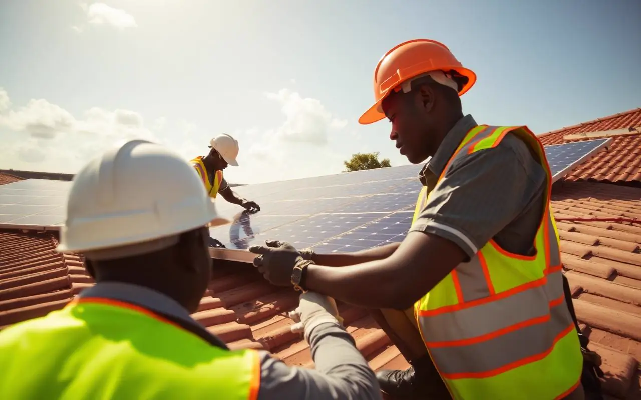Bumble Synergy engineers commissioning a rooftop solar array in Uganda
